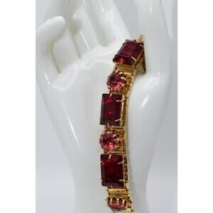 1950s Red Emerald Cut Rhinestone Bracelet Gold Tone Pink Chatons 6.5”